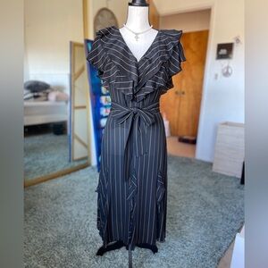 Alice + Olivia Tessa ruffle Godet midi dress pinstripe